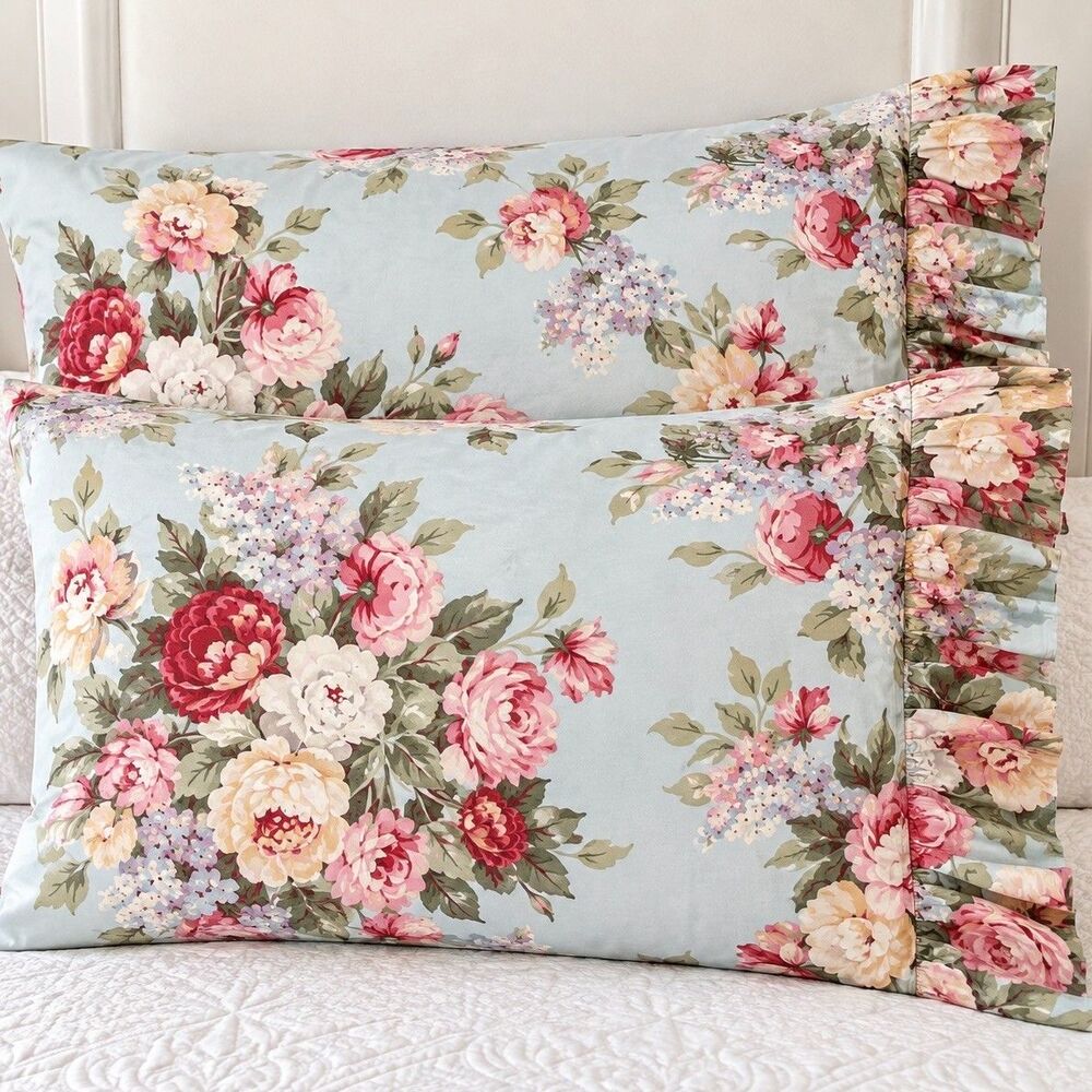 Ralph Lauren Home VTG Floral Stone Harbor Aqua Cotton Sateen King 2 Pillowcases